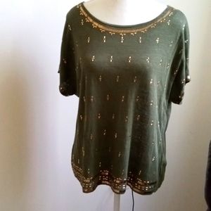 White House Black Market green linen top, Small, gold embellished, EUC